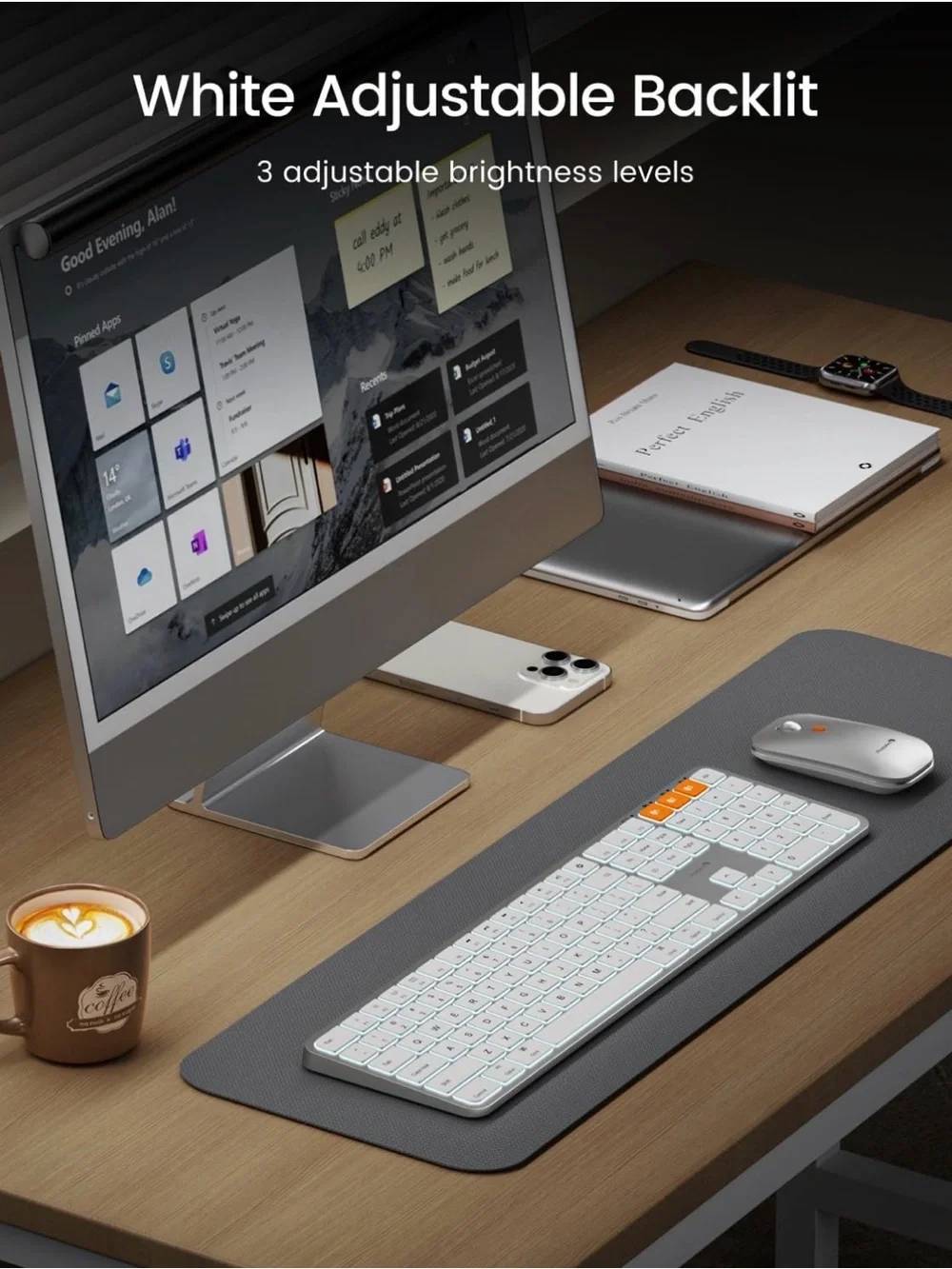 New ProtoArc KM100-A Backlit Bluetooth Keyboard and Mouse for Mac, White Silver